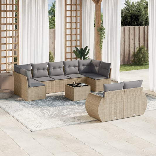 10-tlg. Garten-Sofagarnitur mit Kissen Beige Poly Rattan - Pazzar.ch