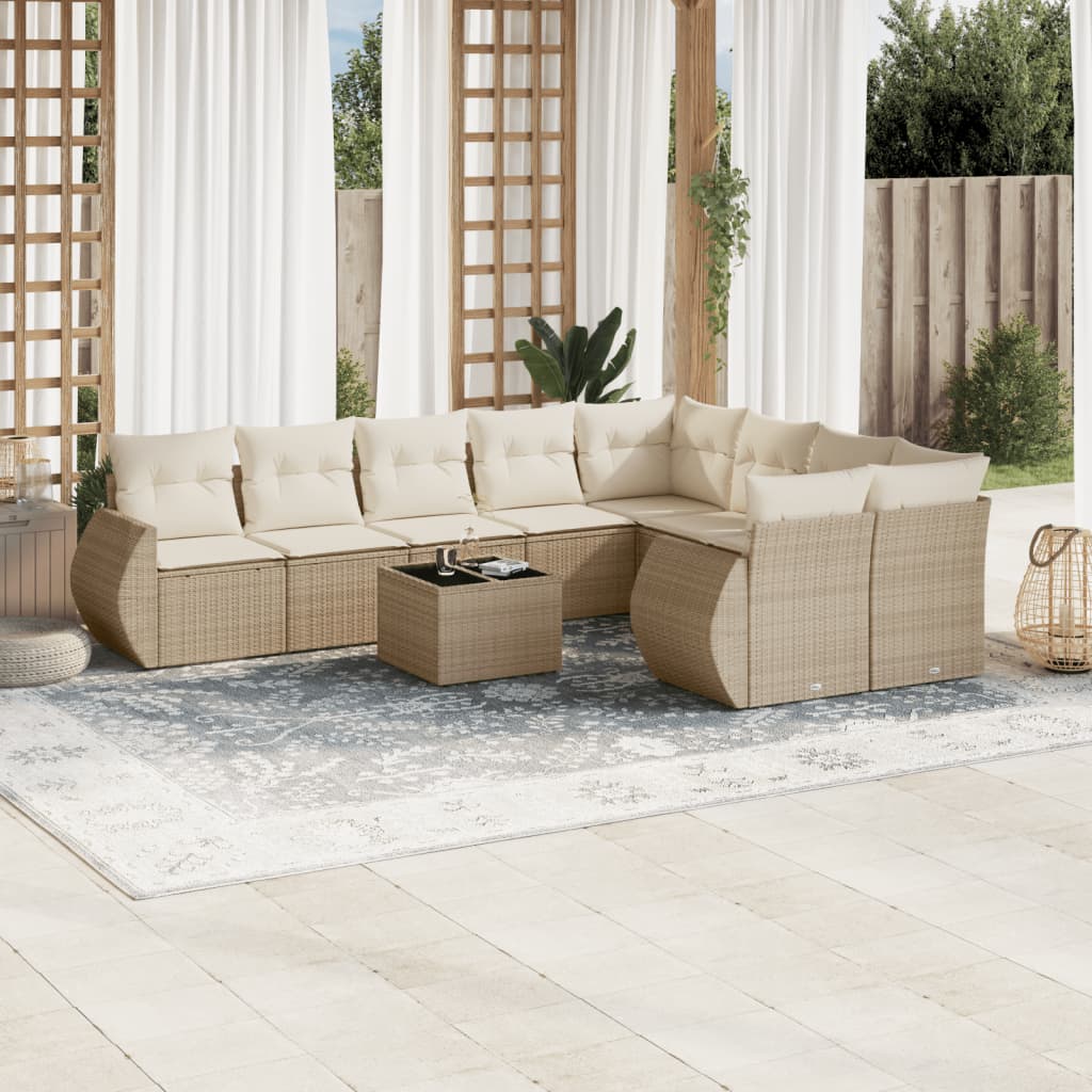 10-tlg. Garten-Sofagarnitur mit Kissen Beige Poly Rattan - Pazzar.ch