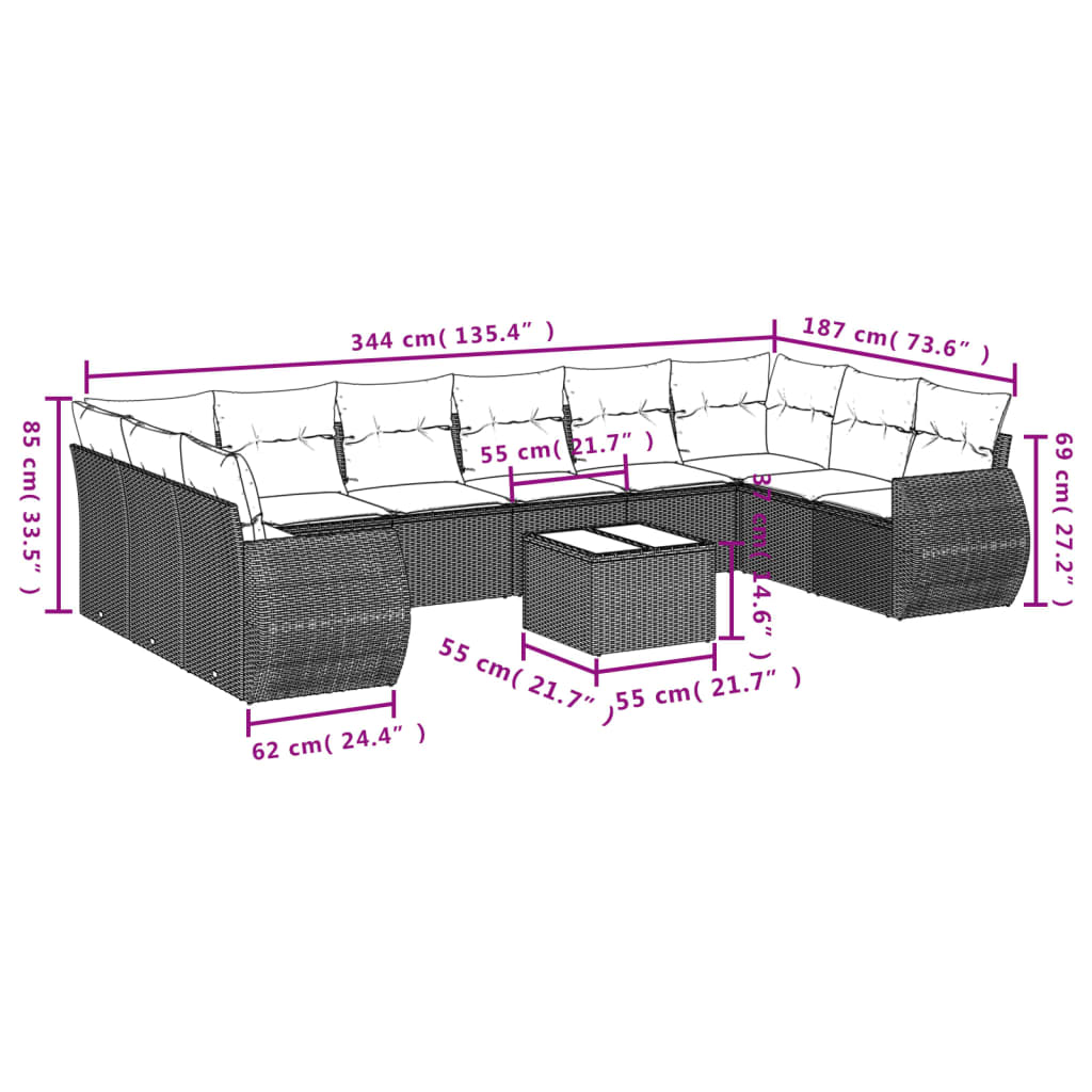 10-tlg. Garten-Sofagarnitur mit Kissen Schwarz Poly Rattan - Pazzar.ch