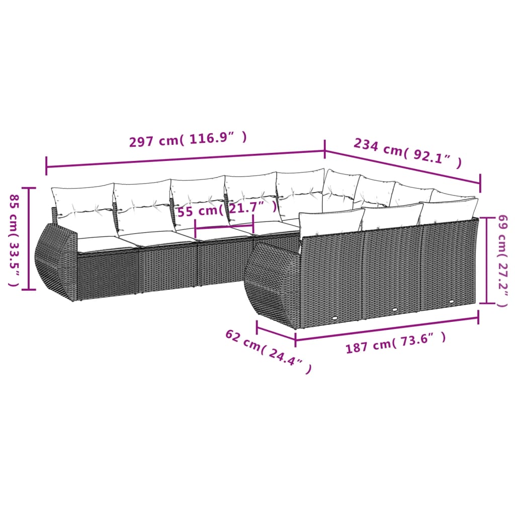 10-tlg. Garten-Sofagarnitur mit Kissen Hellgrau Poly Rattan - Pazzar.ch