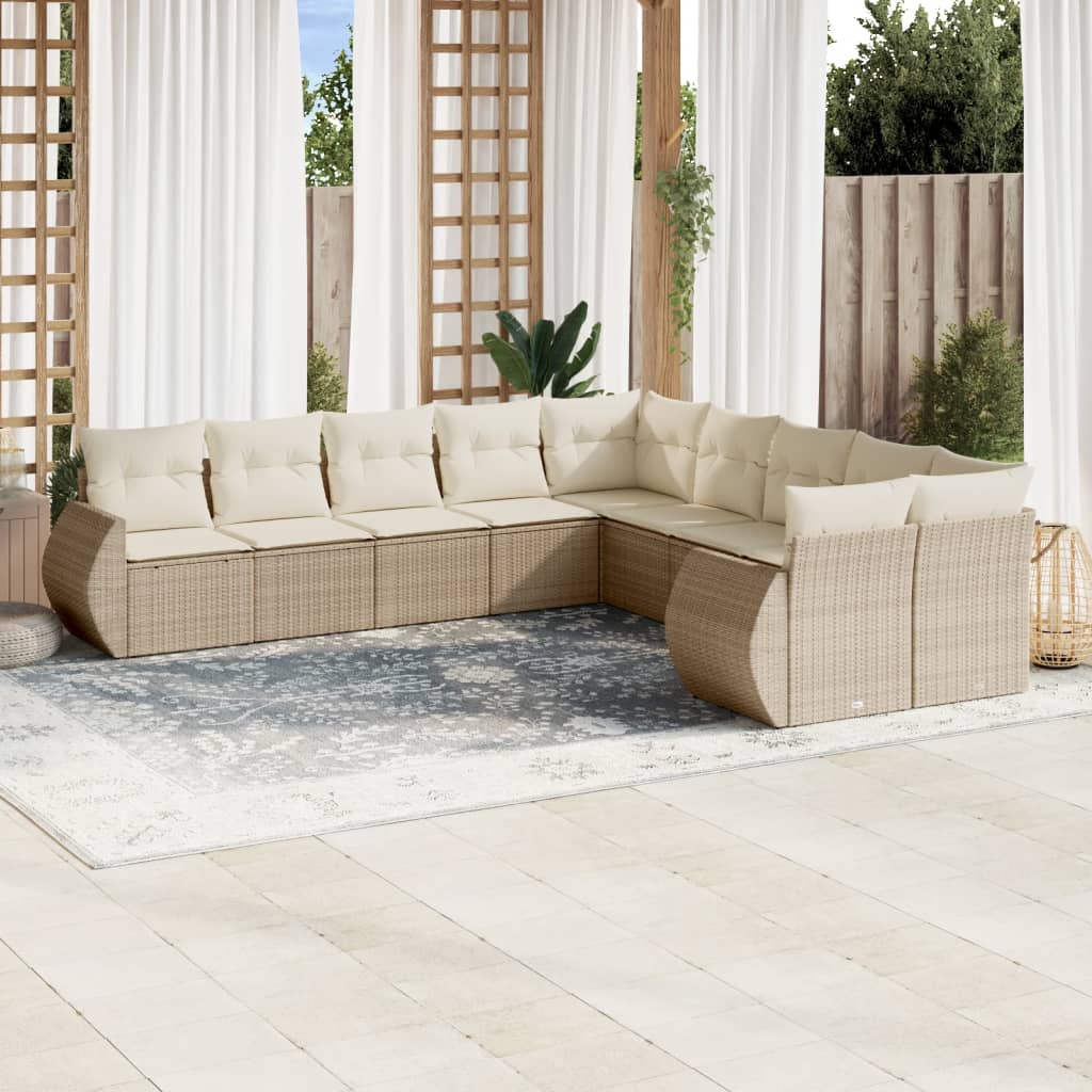 10-tlg. Garten-Sofagarnitur mit Kissen Beige Poly Rattan - Pazzar.ch