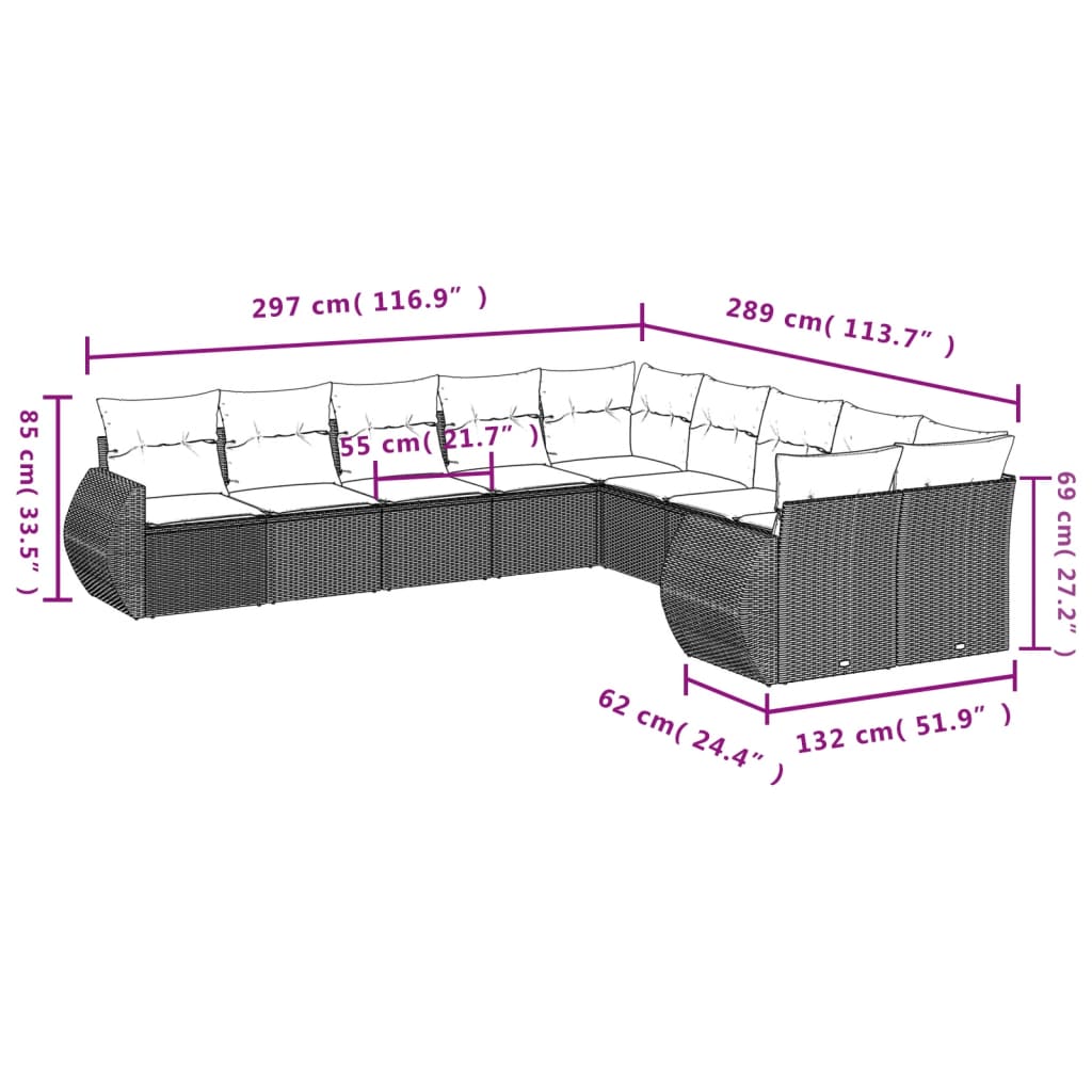 10-tlg. Garten-Sofagarnitur mit Kissen Grau Poly Rattan - Pazzar.ch