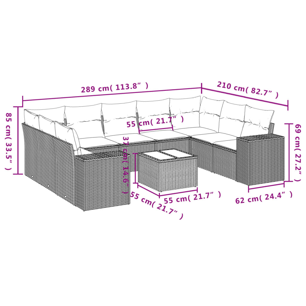 10-tlg. Garten-Sofagarnitur mit Kissen Schwarz Poly Rattan - Pazzar.ch