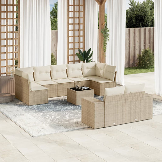 10-tlg. Garten-Sofagarnitur mit Kissen Beige Poly Rattan - Pazzar.ch