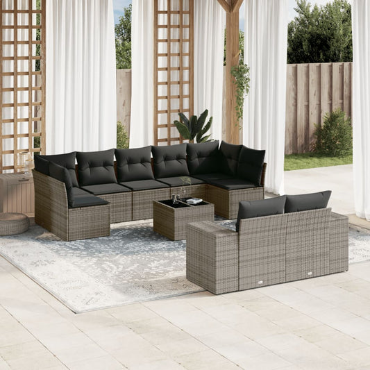 10-tlg. Garten-Sofagarnitur mit Kissen Grau Poly Rattan - Pazzar.ch