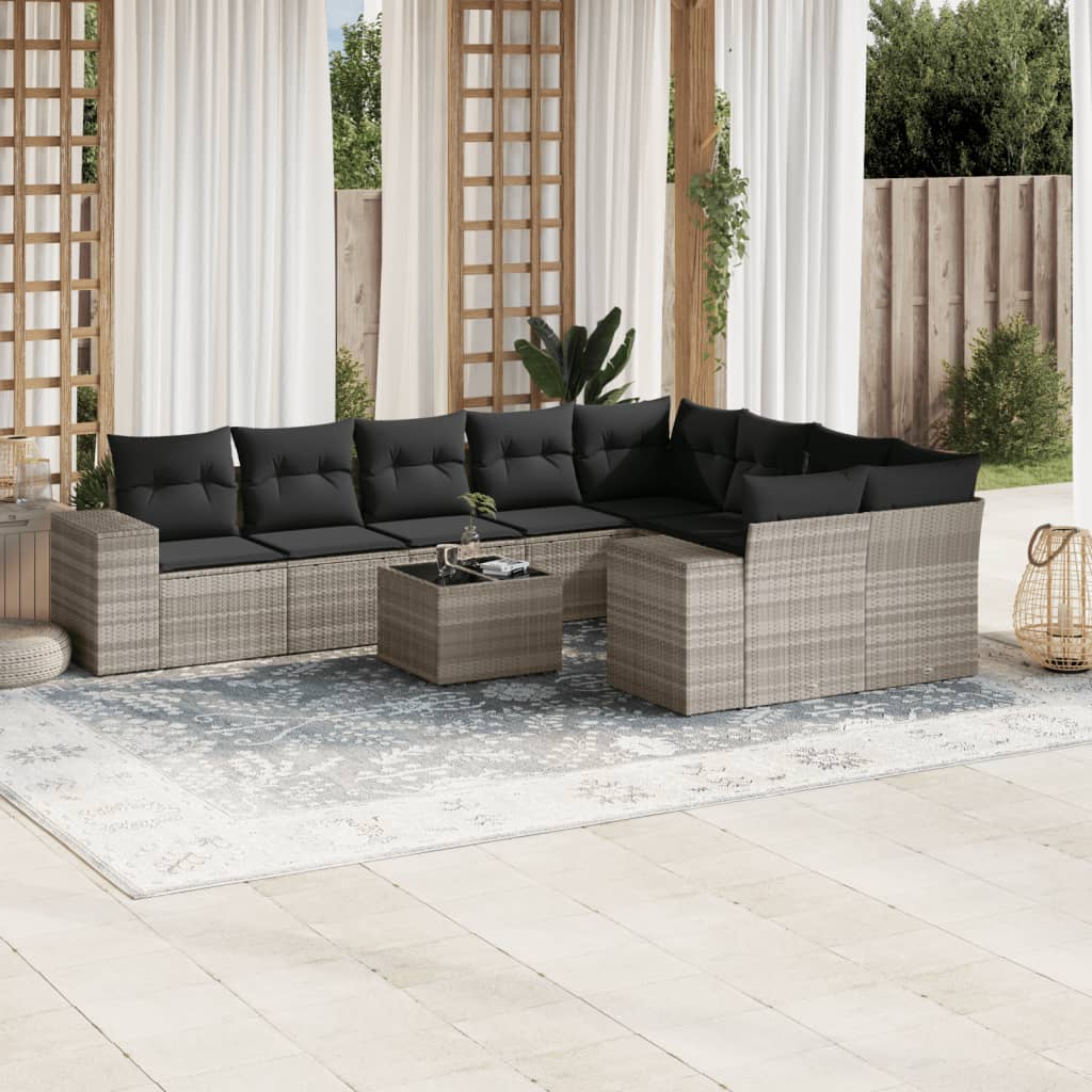 10-tlg. Garten-Sofagarnitur mit Kissen Hellgrau Poly Rattan - Pazzar.ch