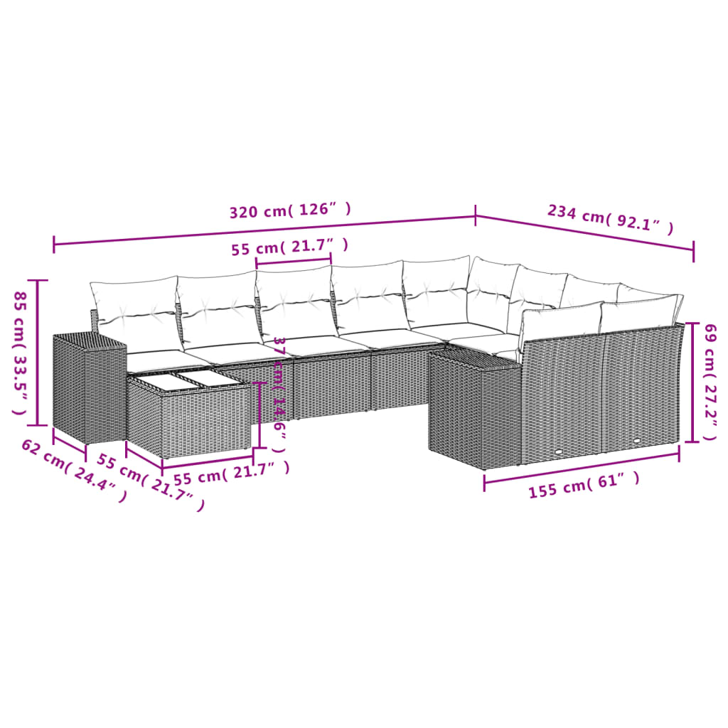 10-tlg. Garten-Sofagarnitur mit Kissen Schwarz Poly Rattan - Pazzar.ch