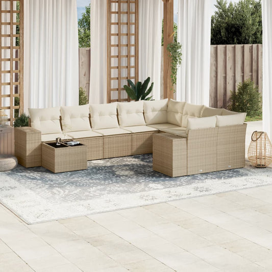 10-tlg. Garten-Sofagarnitur mit Kissen Beige Poly Rattan - Pazzar.ch