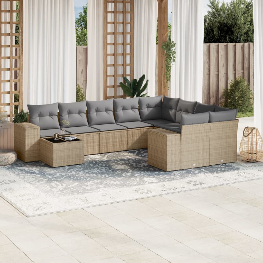 10-tlg. Garten-Sofagarnitur mit Kissen Beige Poly Rattan - Pazzar.ch