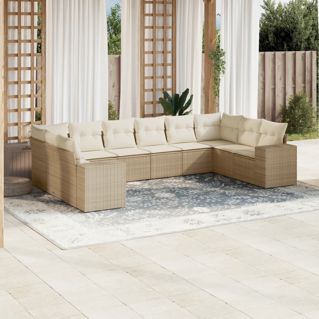 10-tlg. Garten-Sofagarnitur mit Kissen Beige Poly Rattan - Pazzar.ch