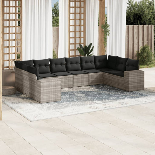 10-tlg. Garten-Sofagarnitur mit Kissen Hellgrau Poly Rattan - Pazzar.ch