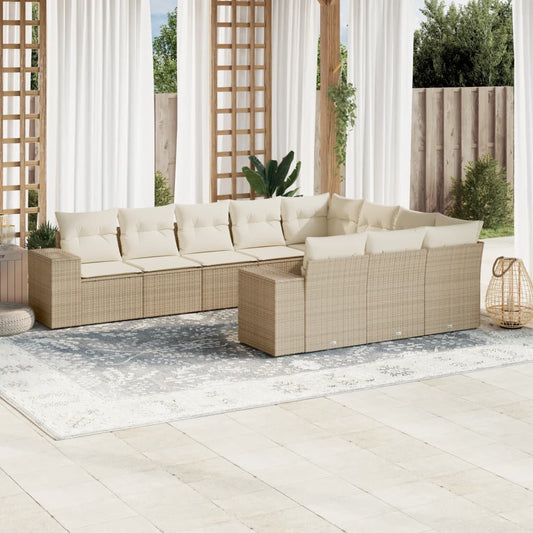 10-tlg. Garten-Sofagarnitur mit Kissen Beige Poly Rattan - Pazzar.ch