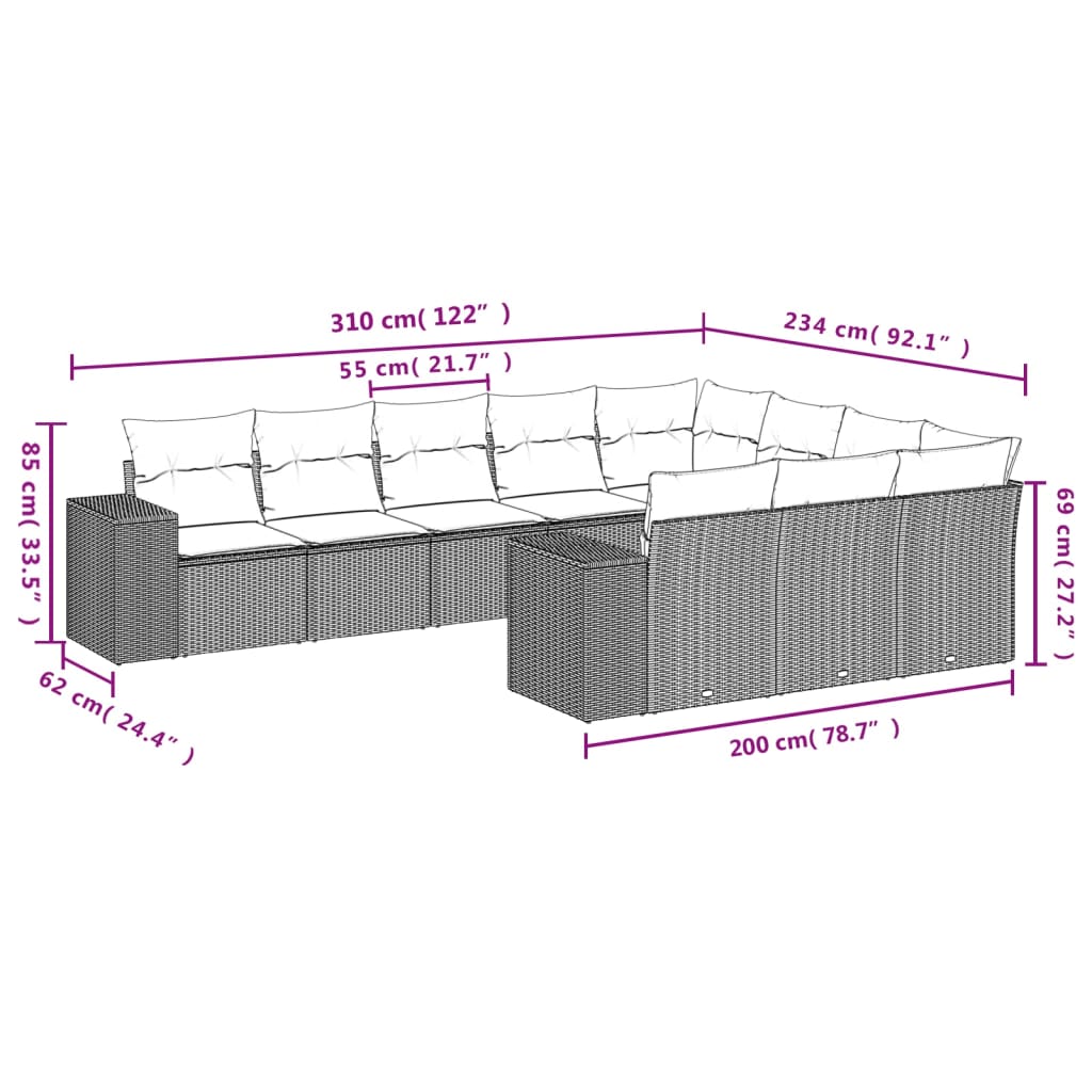 10-tlg. Garten-Sofagarnitur mit Kissen Beige Poly Rattan - Pazzar.ch