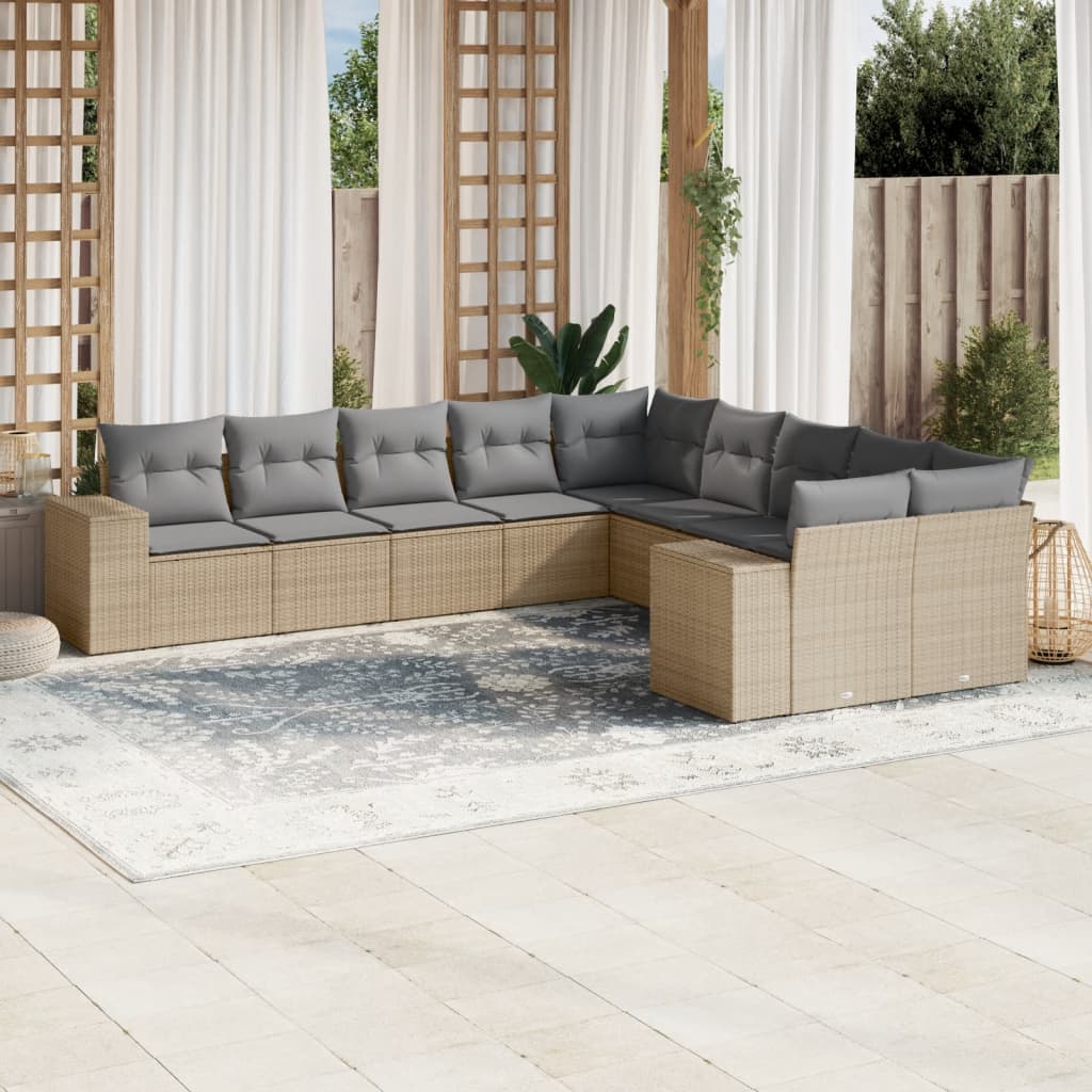 10-tlg. Garten-Sofagarnitur mit Kissen Beige Poly Rattan - Pazzar.ch