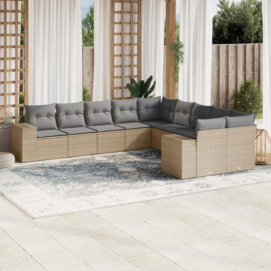 10-tlg. Garten-Sofagarnitur mit Kissen Beige Poly Rattan - Pazzar.ch