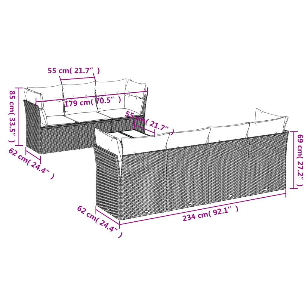 8-tlg. Garten-Sofagarnitur mit Kissen Hellgrau Poly Rattan - Pazzar.ch