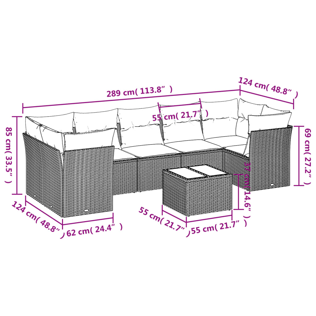 8-tlg. Garten-Sofagarnitur mit Kissen Hellgrau Poly Rattan - Pazzar.ch