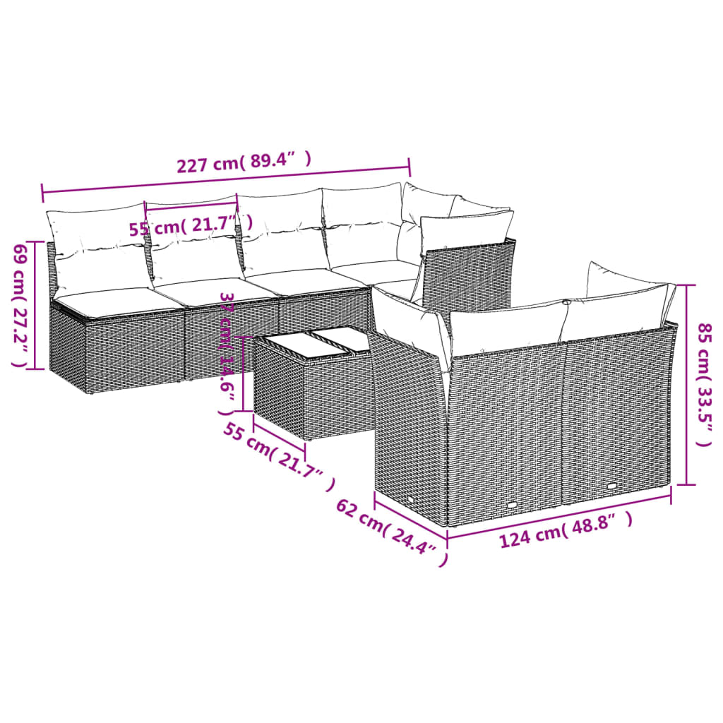 8-tlg. Garten-Sofagarnitur mit Kissen Hellgrau Poly Rattan - Pazzar.ch