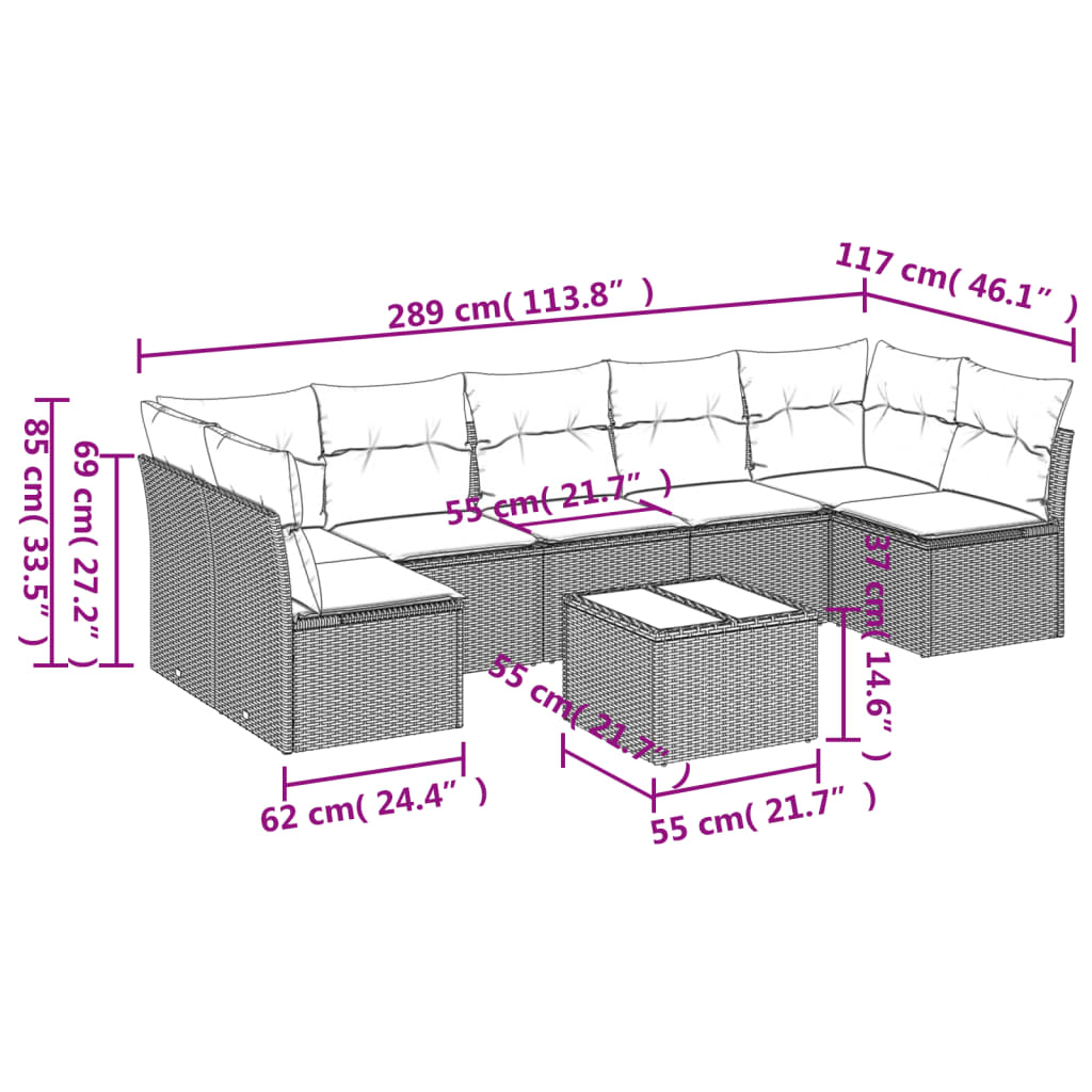 8-tlg. Garten-Sofagarnitur mit Kissen Hellgrau Poly Rattan - Pazzar.ch
