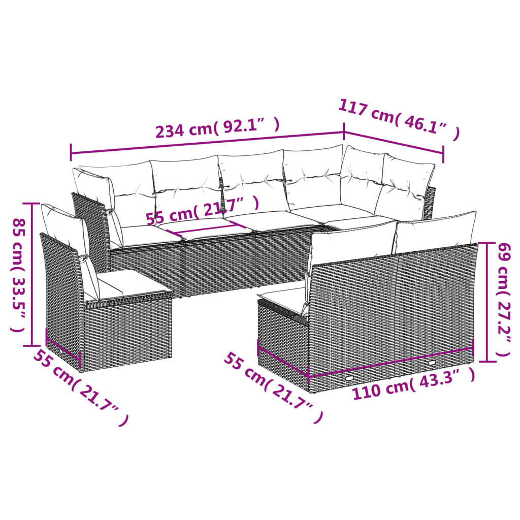 8-tlg. Garten-Sofagarnitur mit Kissen Braun Poly Rattan - Pazzar.ch
