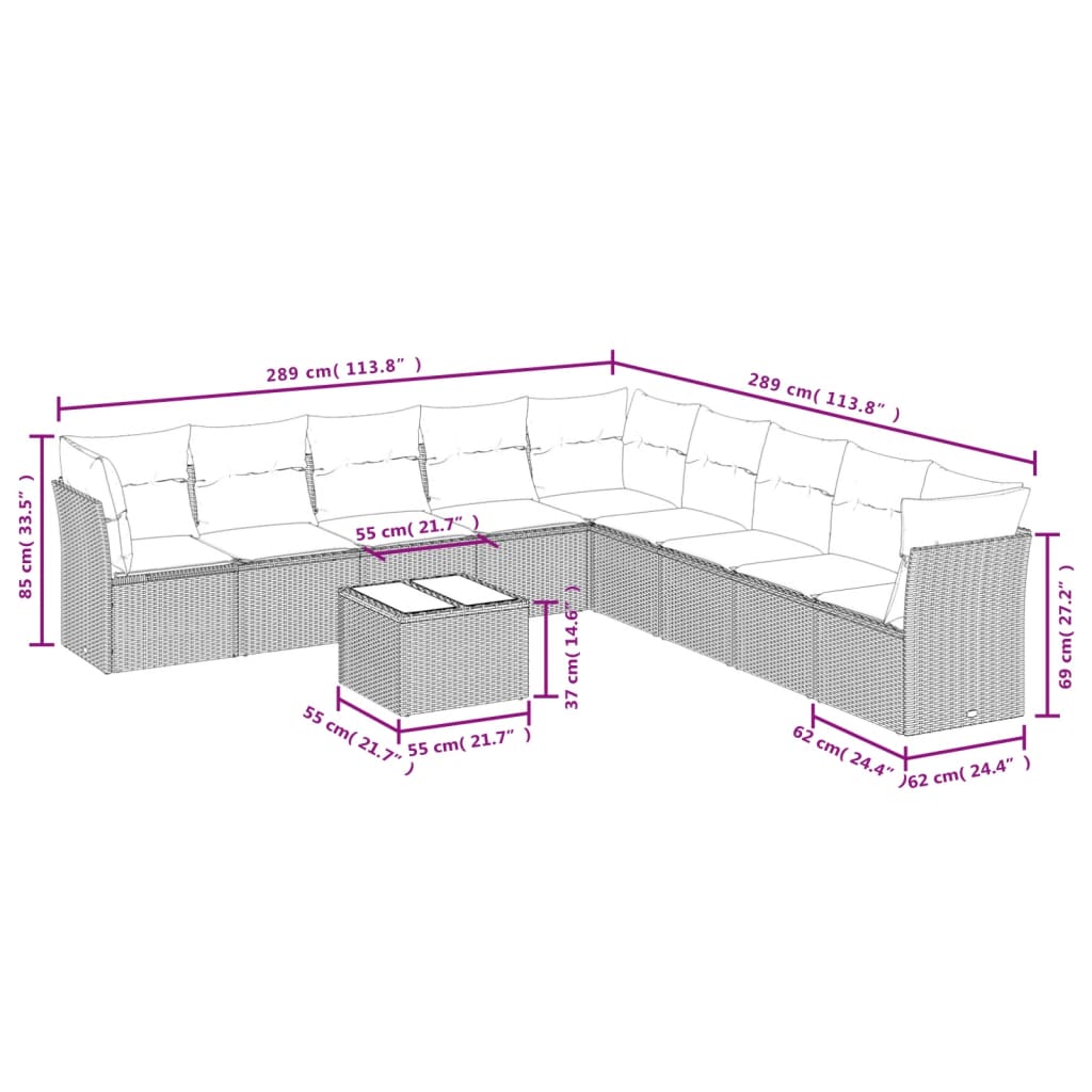 10-tlg. Garten-Sofagarnitur mit Kissen Schwarz Poly Rattan - Pazzar.ch