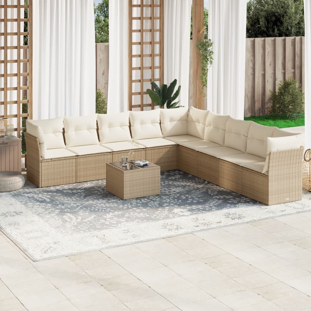 10-tlg. Garten-Sofagarnitur mit Kissen Beige Poly Rattan - Pazzar.ch