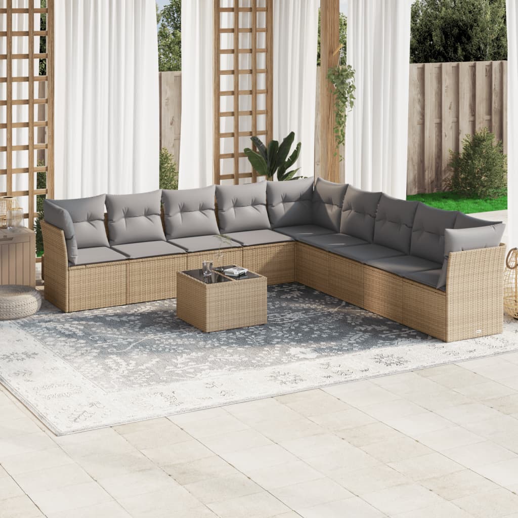 10-tlg. Garten-Sofagarnitur mit Kissen Beige Poly Rattan - Pazzar.ch