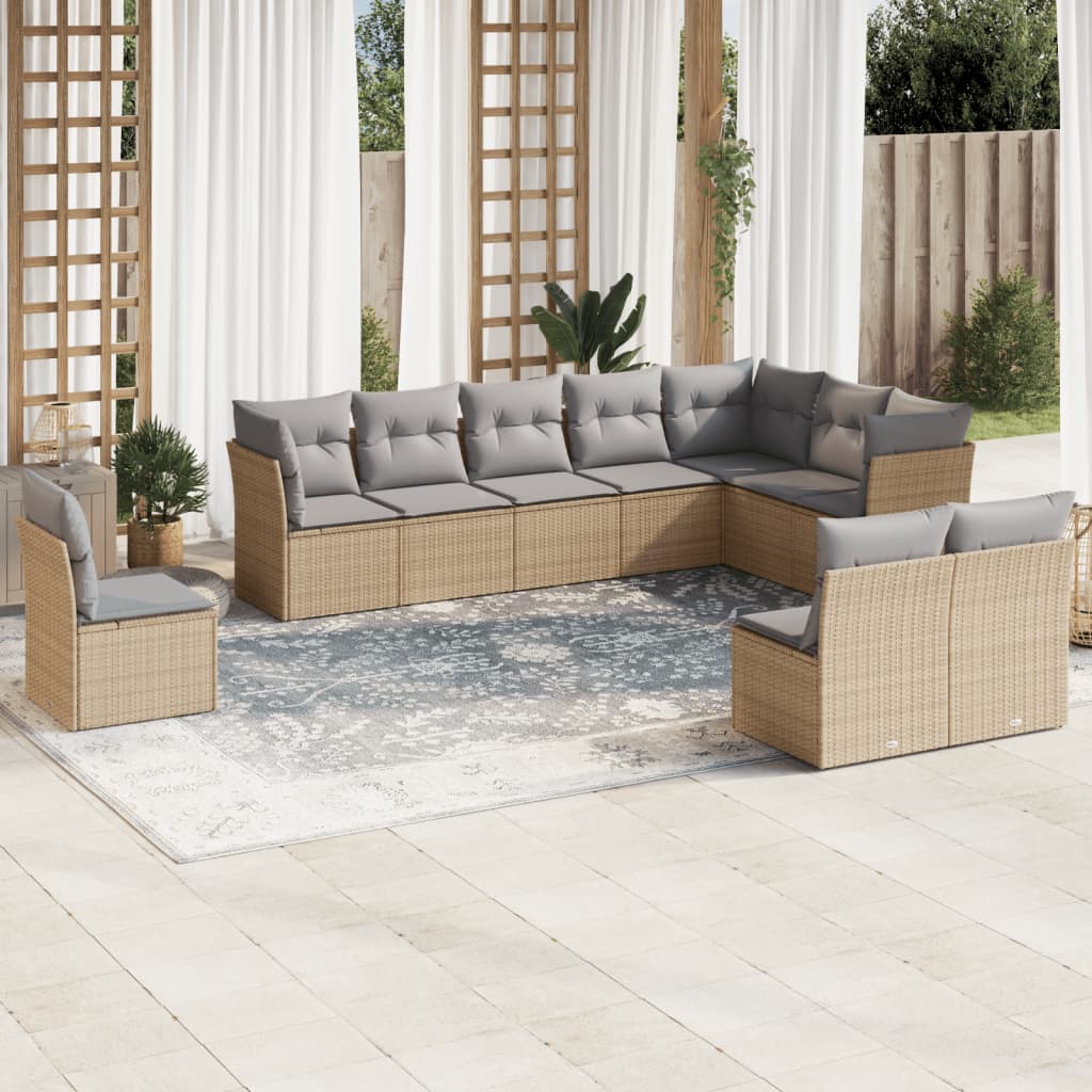 10-tlg. Garten-Sofagarnitur mit Kissen Beige Poly Rattan - Pazzar.ch