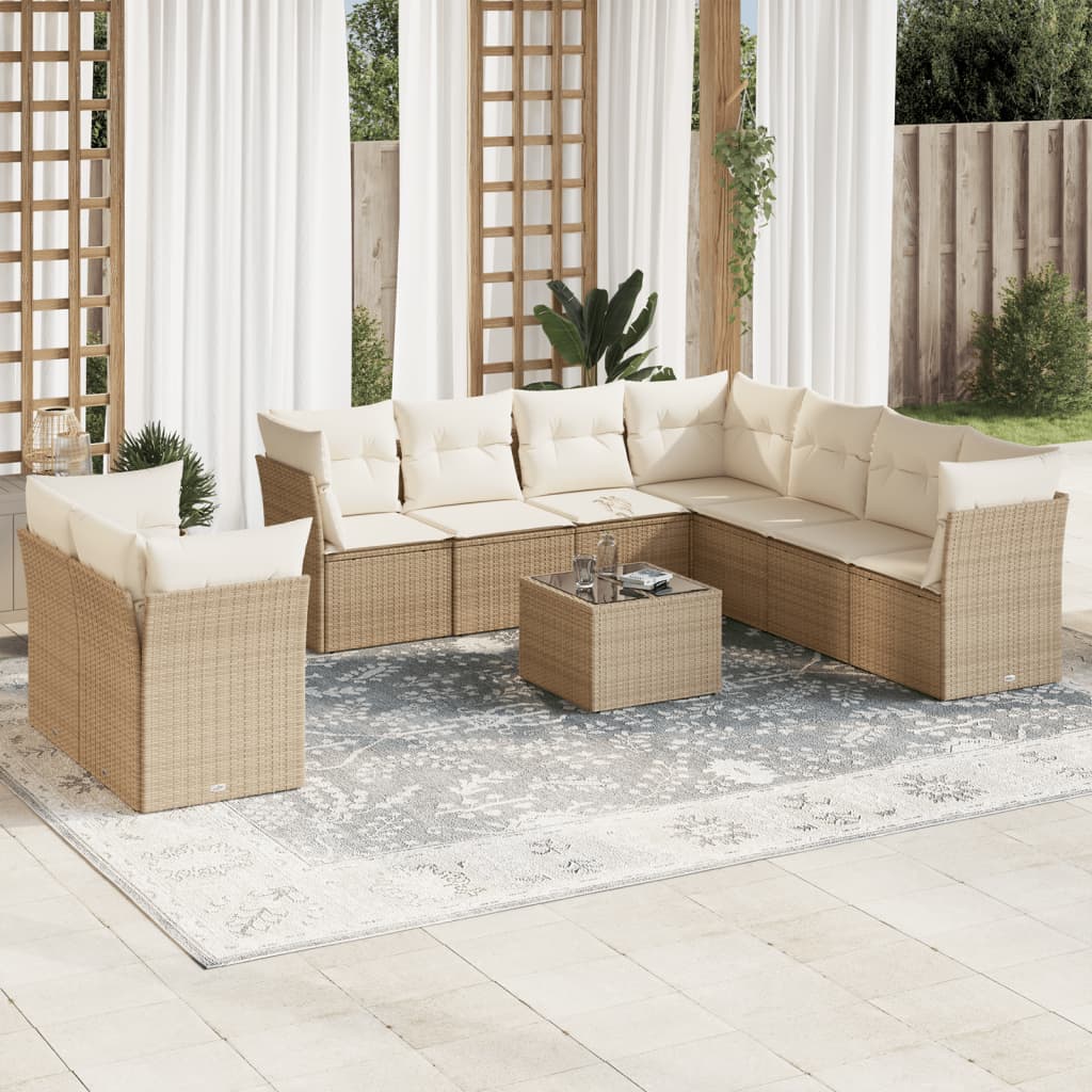 10-tlg. Garten-Sofagarnitur mit Kissen Beige Poly Rattan