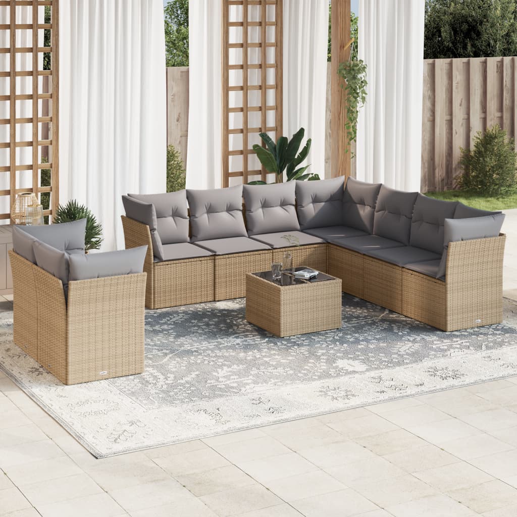 10-tlg. Garten-Sofagarnitur mit Kissen Beige Poly Rattan - Pazzar.ch