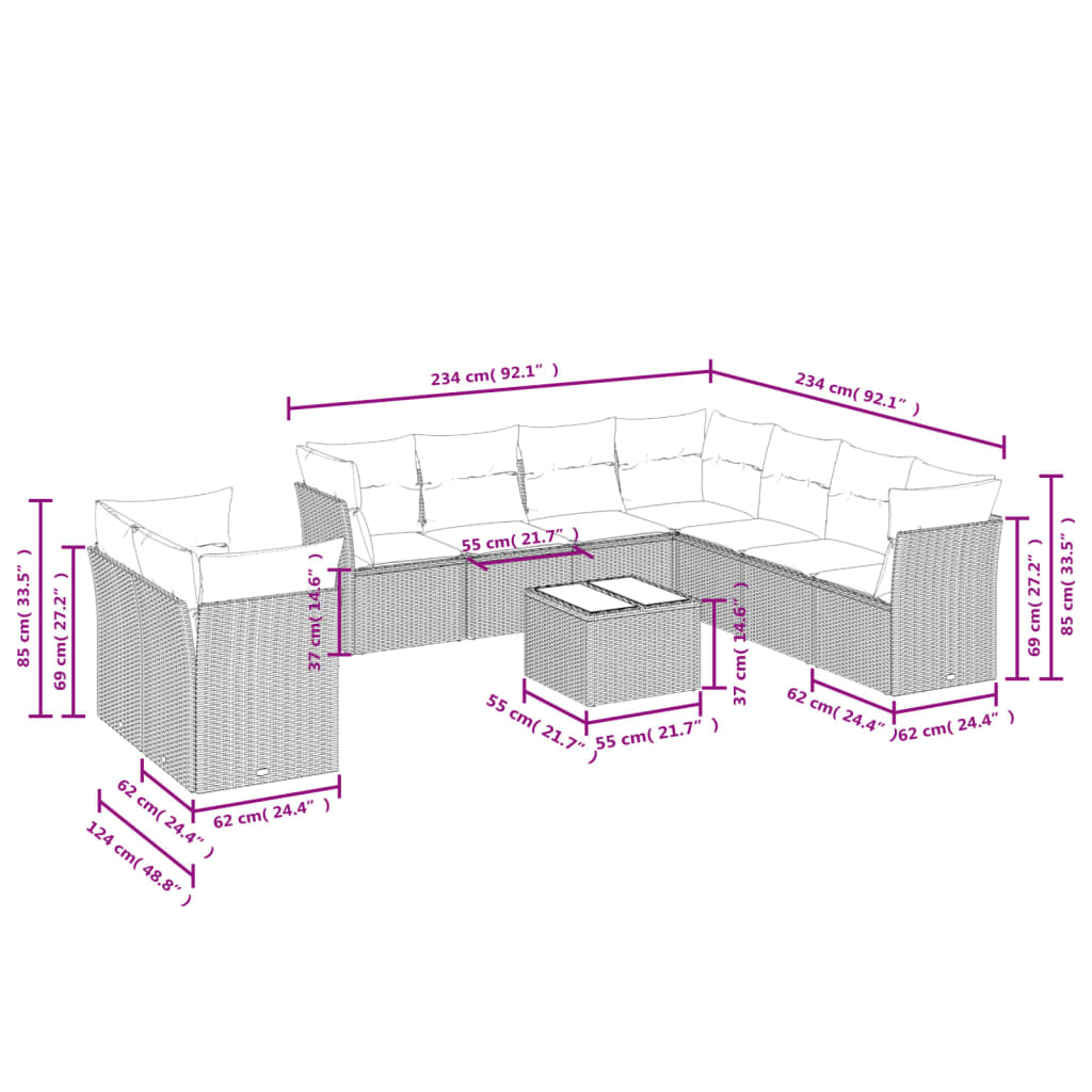 10-tlg. Garten-Sofagarnitur mit Kissen Grau Poly Rattan - Pazzar.ch