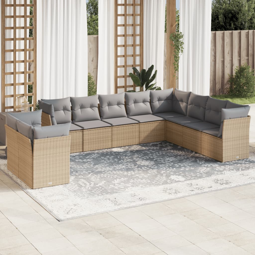 10-tlg. Garten-Sofagarnitur mit Kissen Beige Poly Rattan - Pazzar.ch