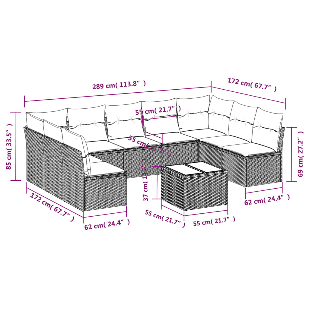 10-tlg. Garten-Sofagarnitur mit Kissen Grau Poly Rattan - Pazzar.ch