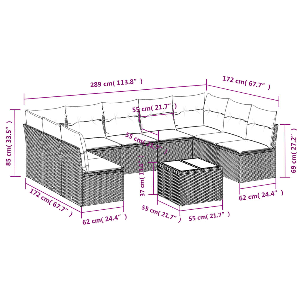 10-tlg. Garten-Sofagarnitur mit Kissen Hellgrau Poly Rattan - Pazzar.ch