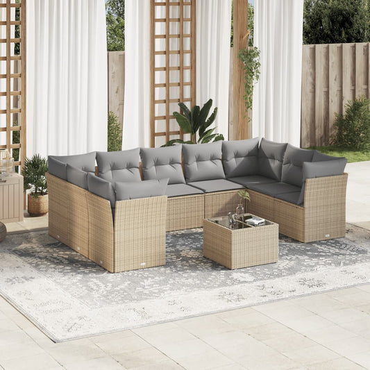 10-tlg. Garten-Sofagarnitur mit Kissen Beige Poly Rattan - Pazzar.ch