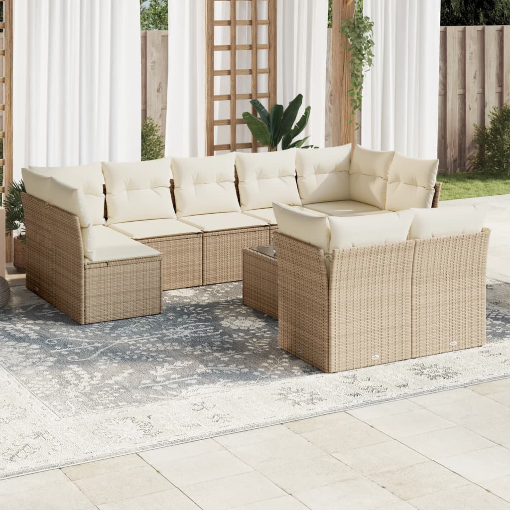 10-tlg. Garten-Sofagarnitur mit Kissen Beige Poly Rattan - Pazzar.ch