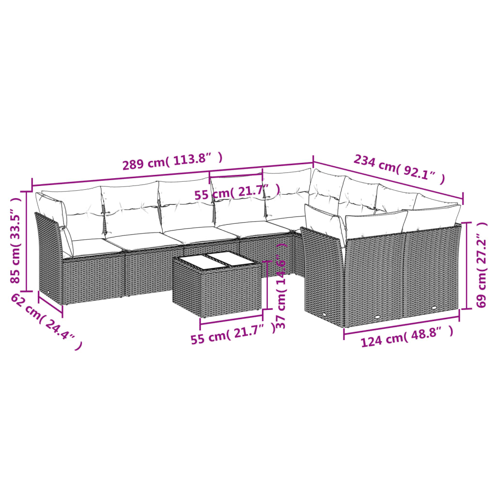 10-tlg. Garten-Sofagarnitur mit Kissen Schwarz Poly Rattan - Pazzar.ch