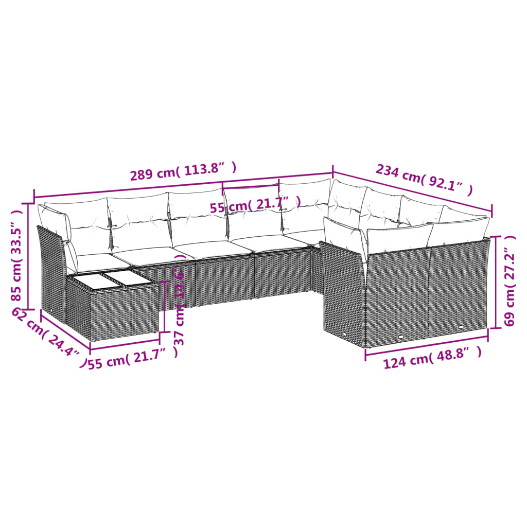 10-tlg. Garten-Sofagarnitur mit Kissen Schwarz Poly Rattan - Pazzar.ch