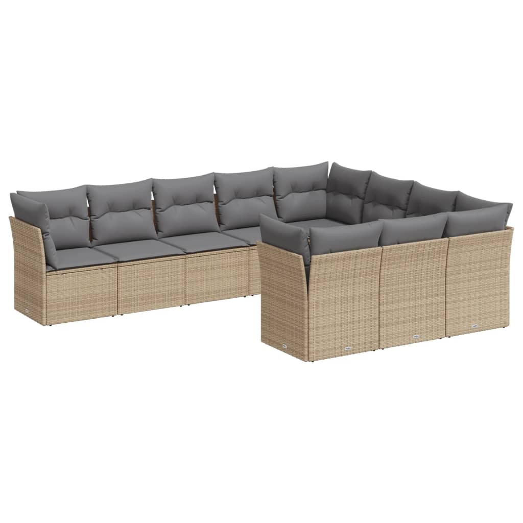 10-tlg. Garten-Sofagarnitur mit Kissen Beige Poly Rattan