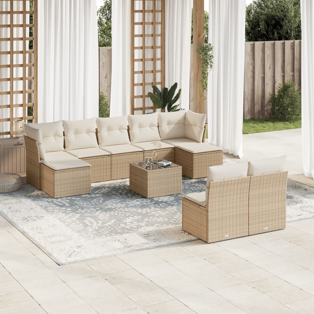 10-tlg. Garten-Sofagarnitur mit Kissen Beige Poly Rattan - Pazzar.ch