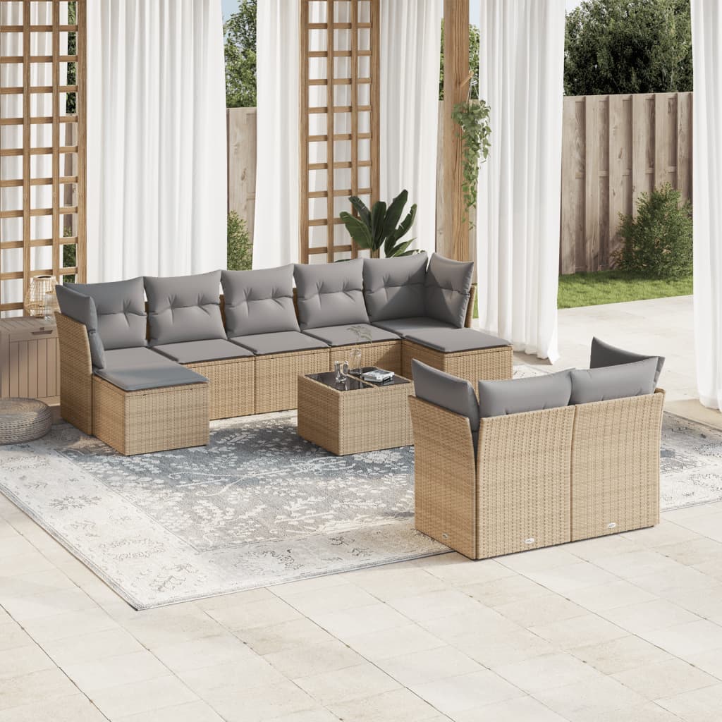 10-tlg. Garten-Sofagarnitur mit Kissen Beige Poly Rattan - Pazzar.ch