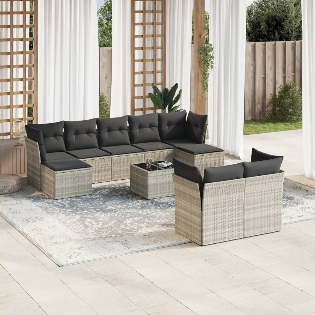 10-tlg. Garten-Sofagarnitur mit Kissen Hellgrau Poly Rattan - Pazzar.ch