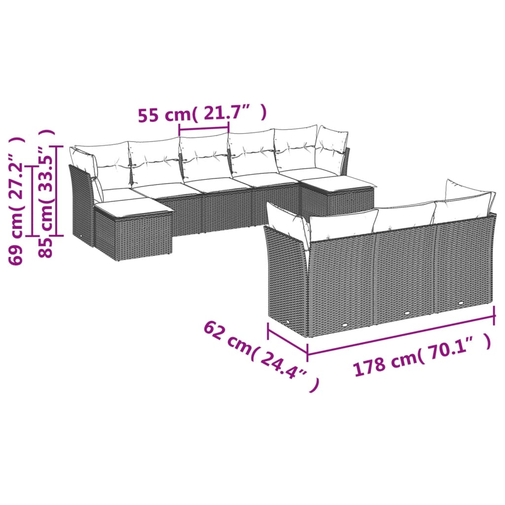 10-tlg. Garten-Sofagarnitur mit Kissen Beige Poly Rattan