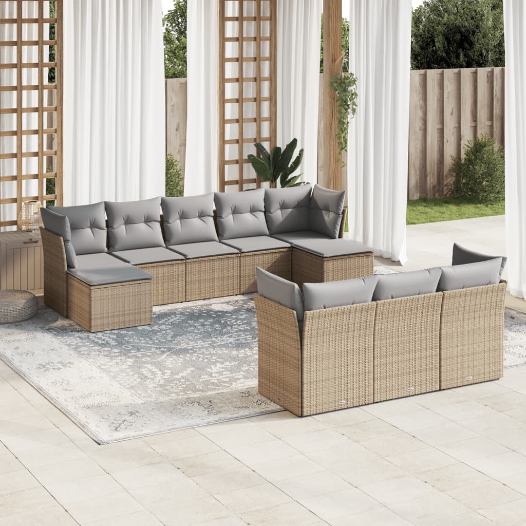 10-tlg. Garten-Sofagarnitur mit Kissen Beige Poly Rattan - Pazzar.ch