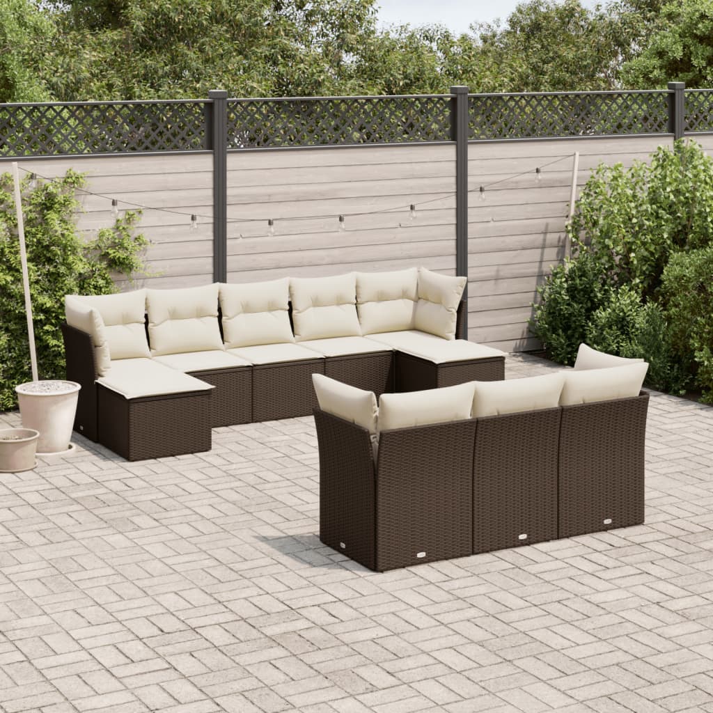 10-tlg. Garten-Sofagarnitur mit Kissen Braun Poly Rattan