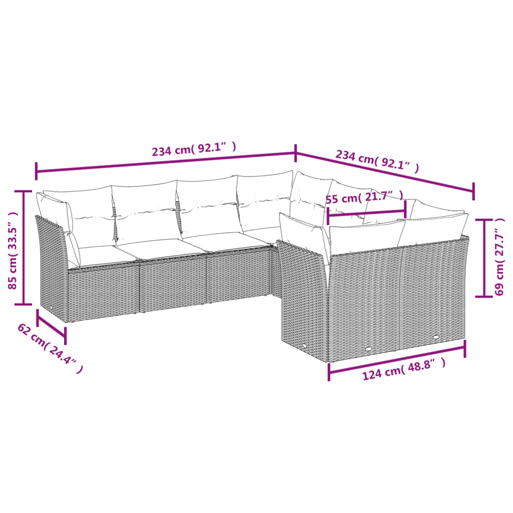 8-tlg. Garten-Sofagarnitur mit Kissen Grau Poly Rattan - Pazzar.ch