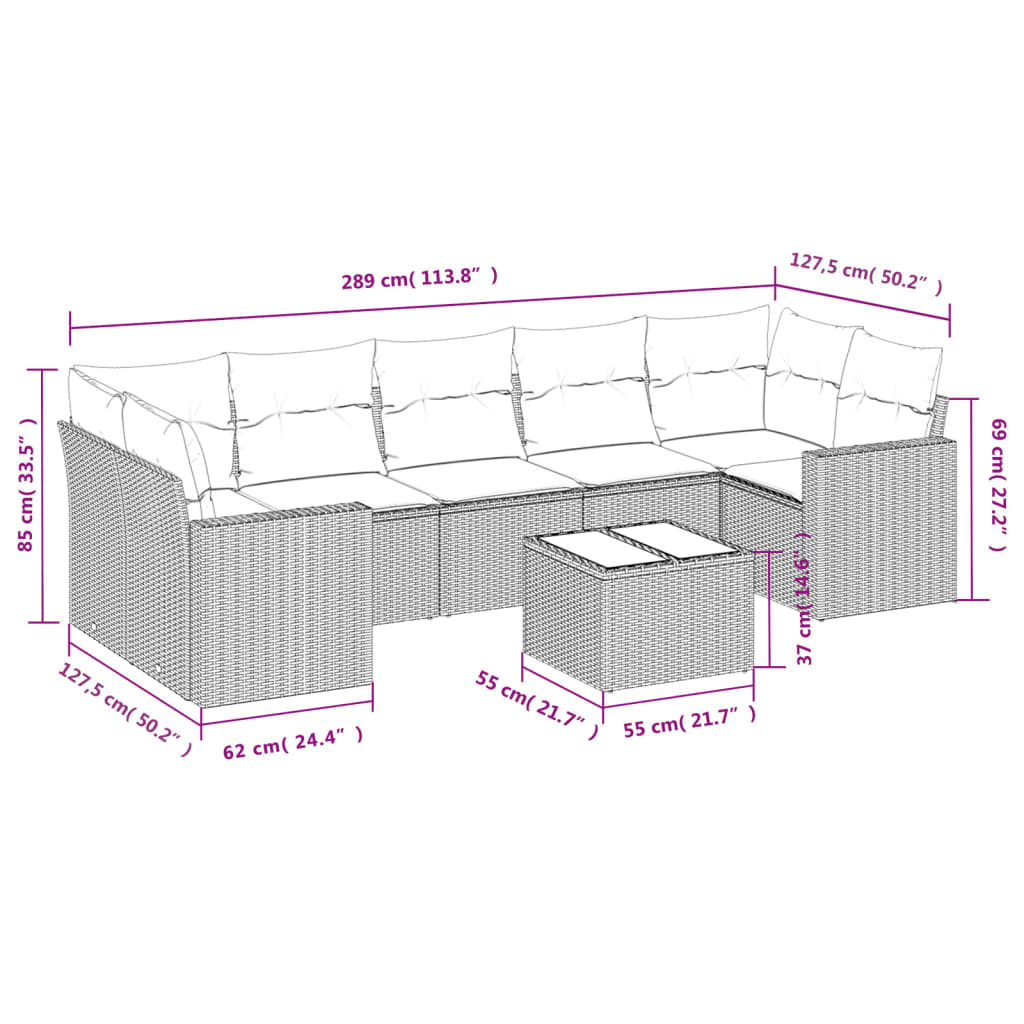 8-tlg. Garten-Sofagarnitur mit Kissen Hellgrau Poly Rattan - Pazzar.ch