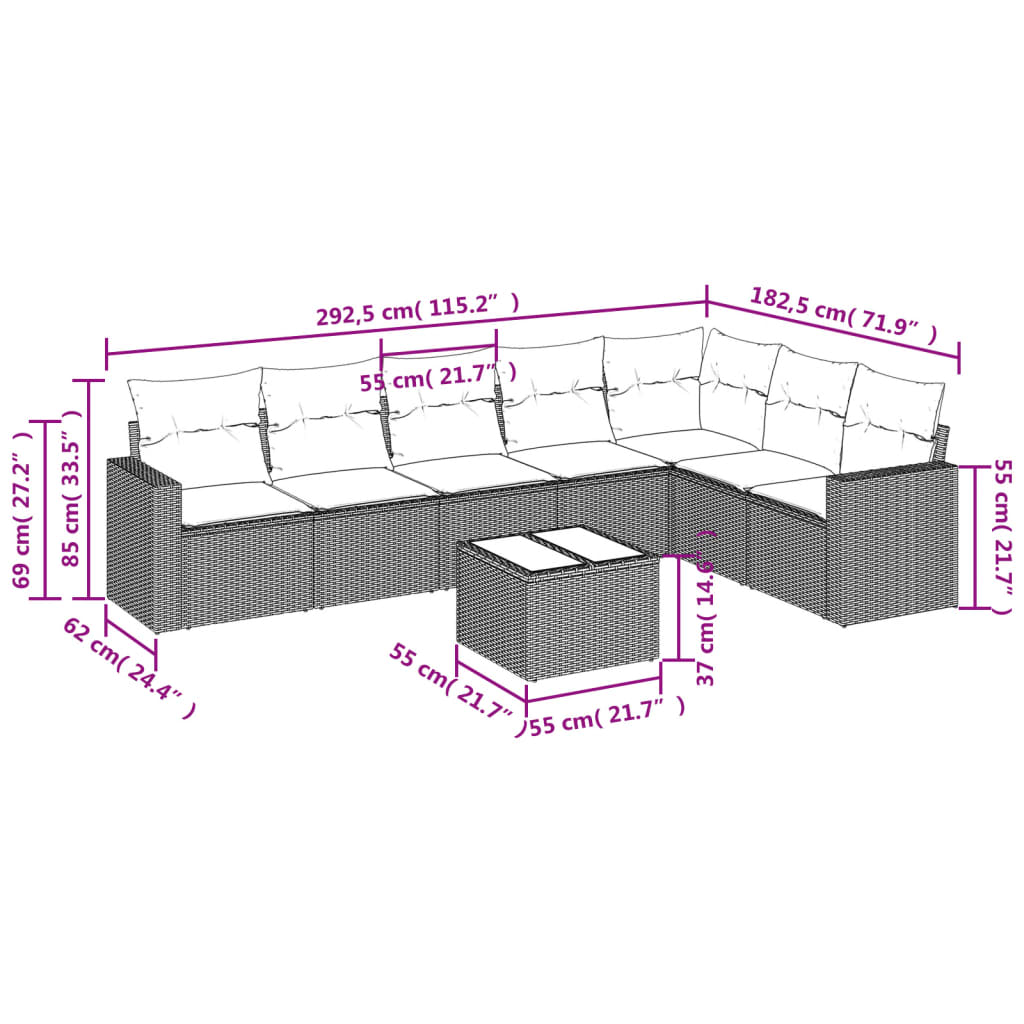 8-tlg. Garten-Sofagarnitur mit Kissen Grau Poly Rattan - Pazzar.ch
