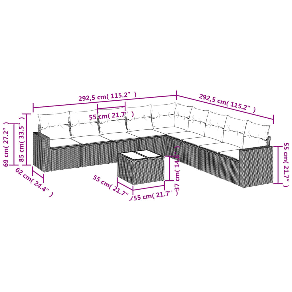 10-tlg. Garten-Sofagarnitur mit Kissen Schwarz Poly Rattan - Pazzar.ch