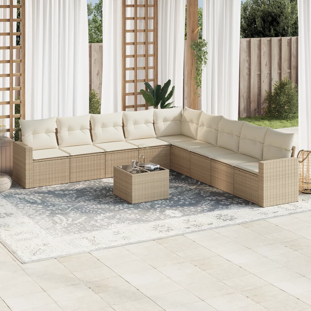 10-tlg. Garten-Sofagarnitur mit Kissen Beige Poly Rattan - Pazzar.ch